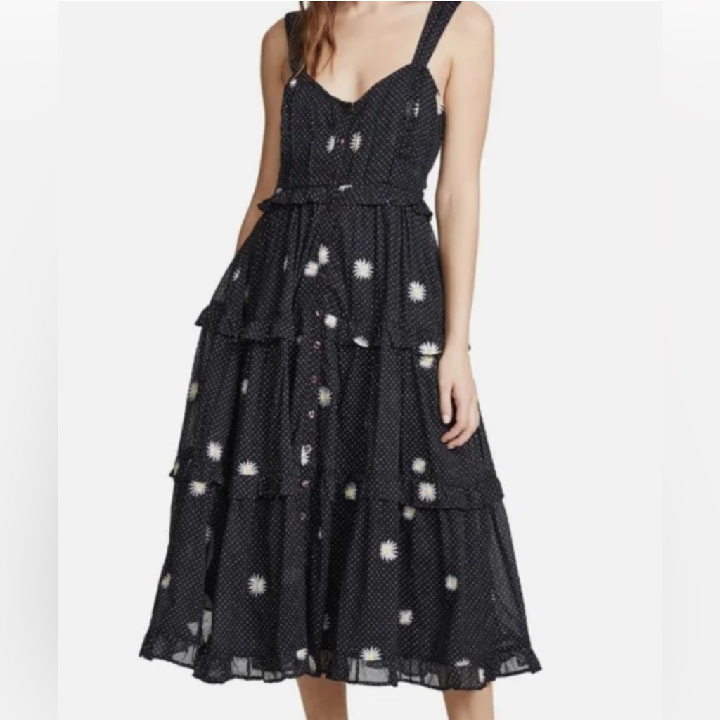 Free People Embroidered Daisy Floral Midi Dress Black Midi Dress